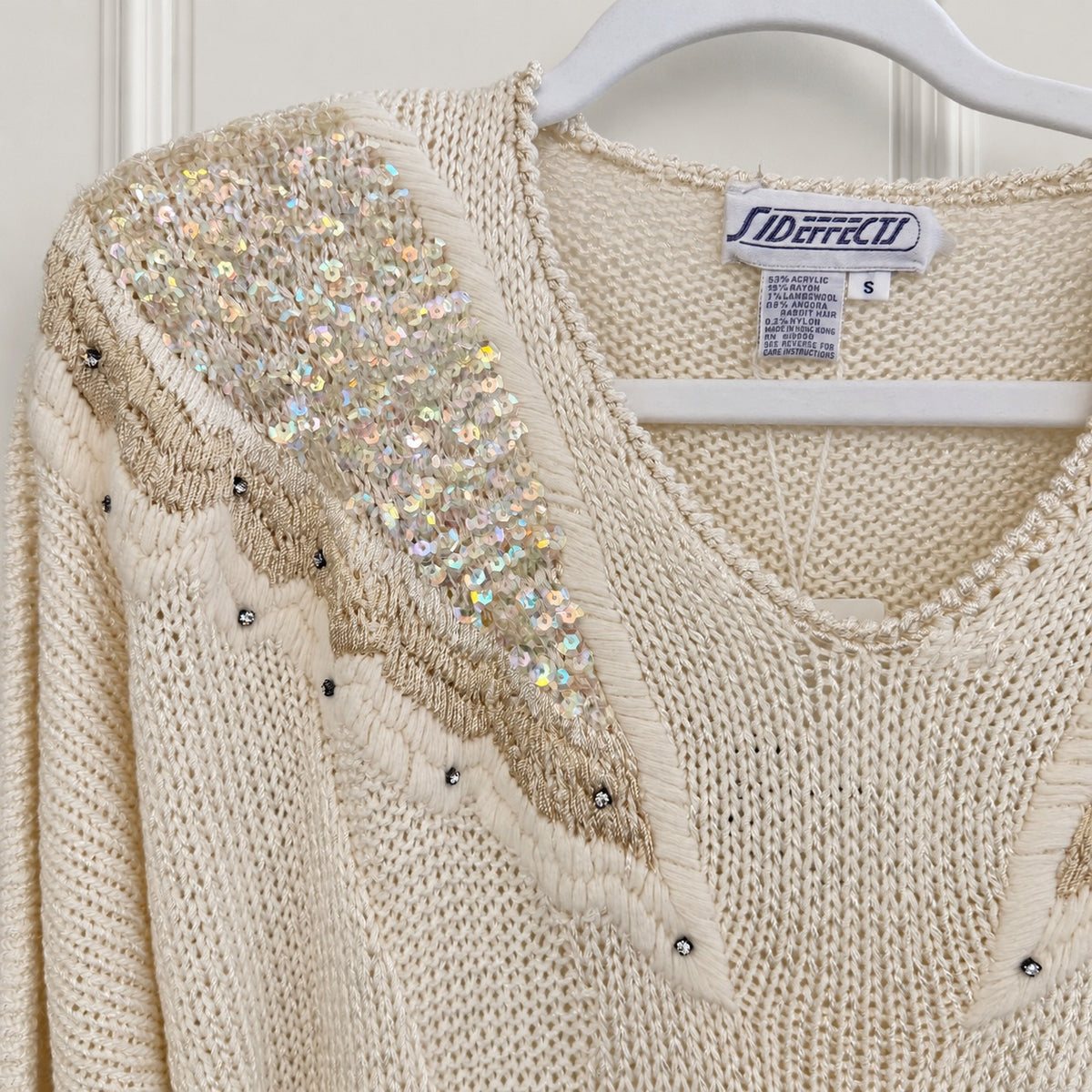 Side Effects Ivory Sequin and Rhinestone Sweater - Small