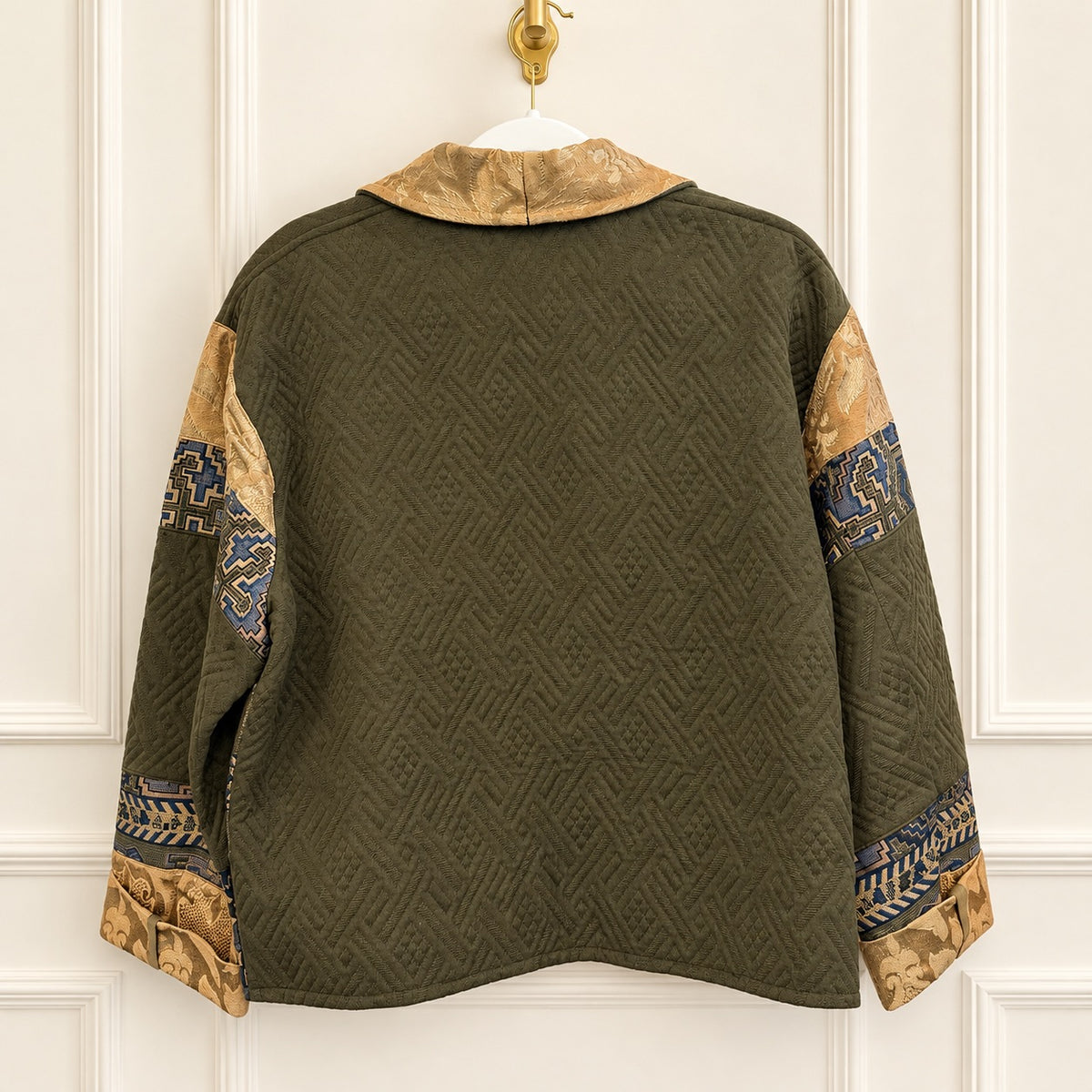 Flashback Olive and Blue Geometric Jacket with Gold Shawl Collar