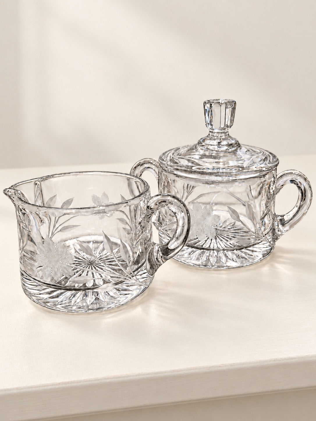 Clear Floral Glass Creamer and Covered Sugar Bowl Set