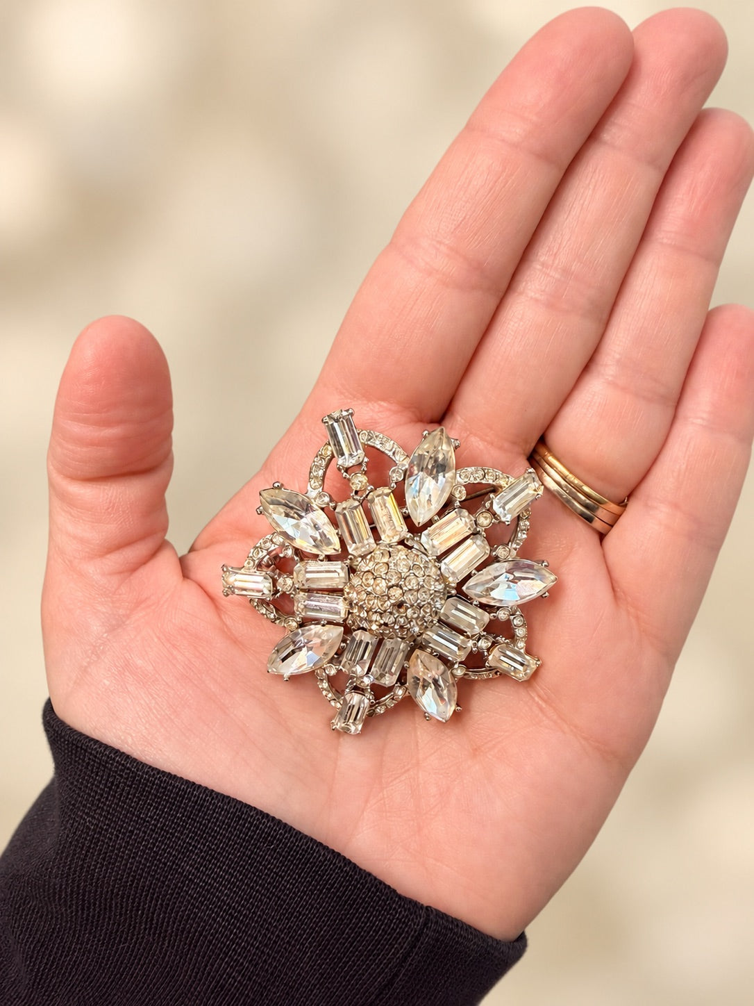 Clear Rhinestone Floral Starburst Brooch