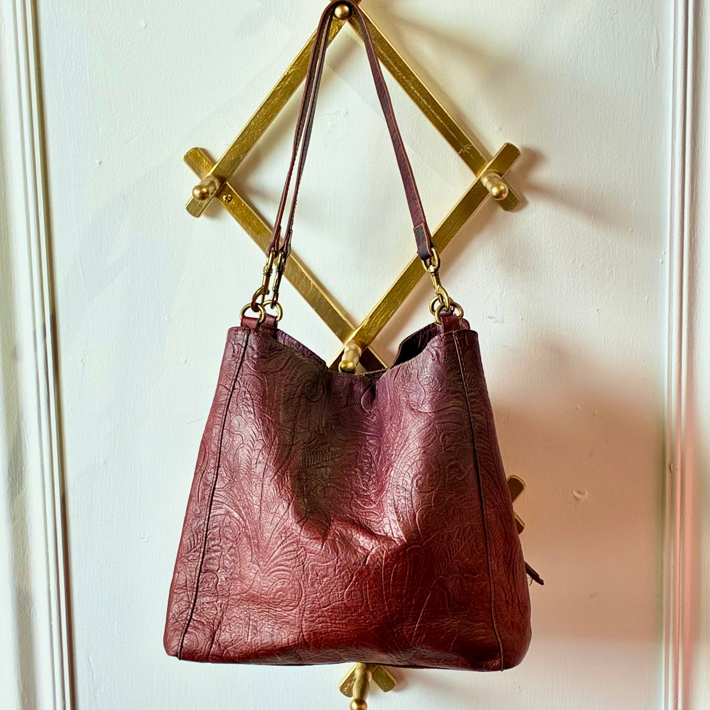 American Leather Co Floral Tooled Embossed Leather Shoulder Bag