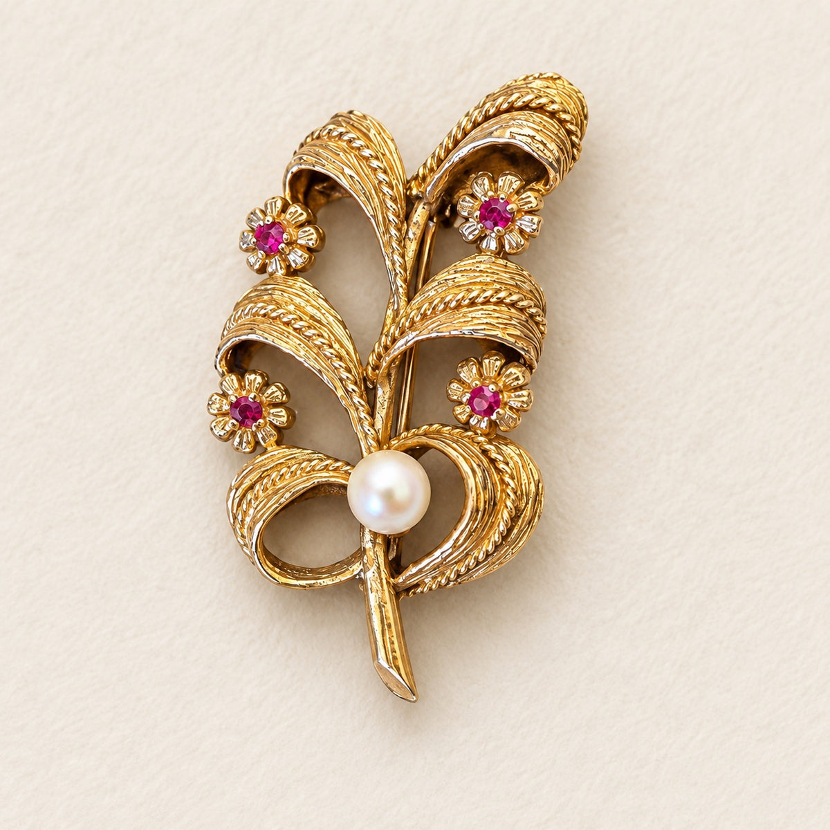 Gold-Tone Floral Spray Brooch with Pink Rhinestones & Pearl Accent