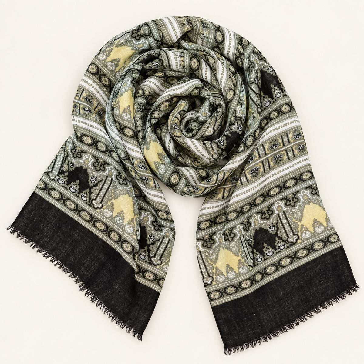 Black Mustard Geometric Fringe Scarf