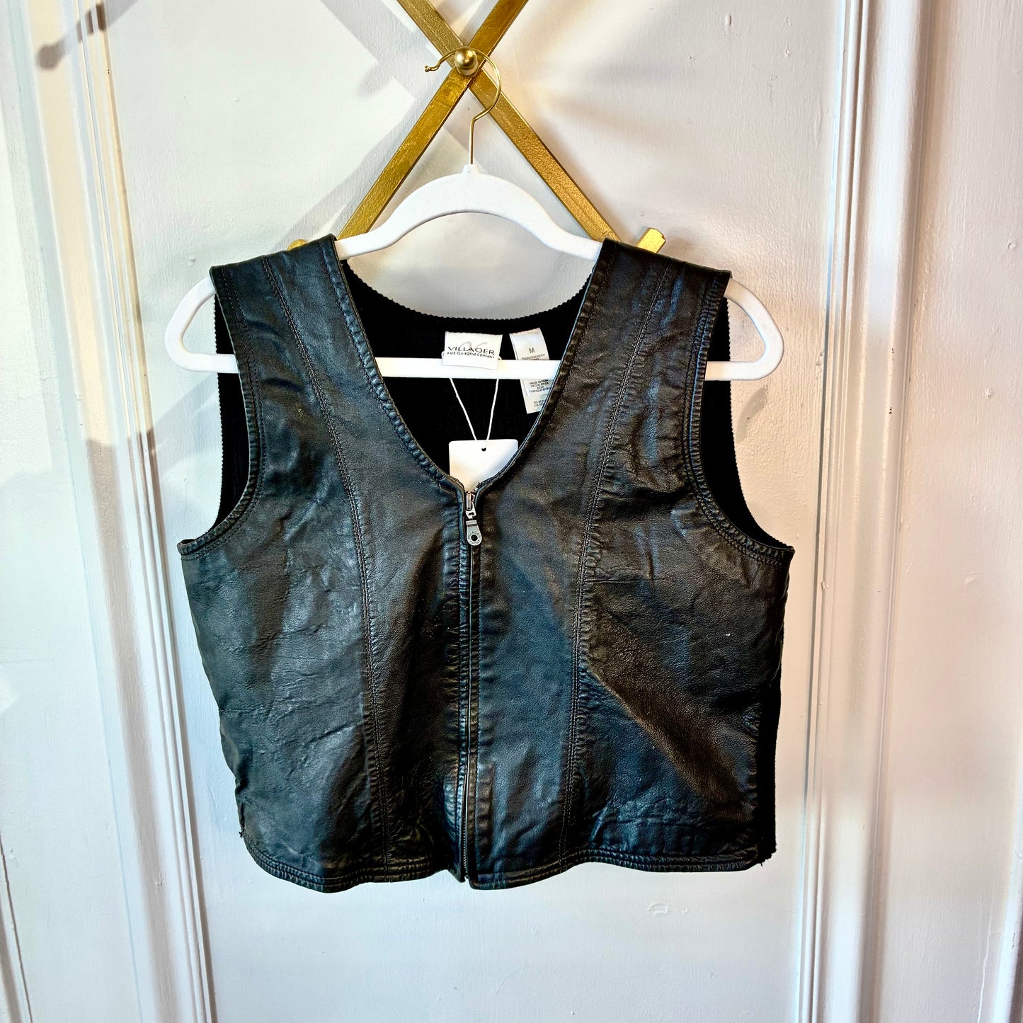 Villager By Liz Claiborne Black 100% Leather Rib Knit Cotton Vest