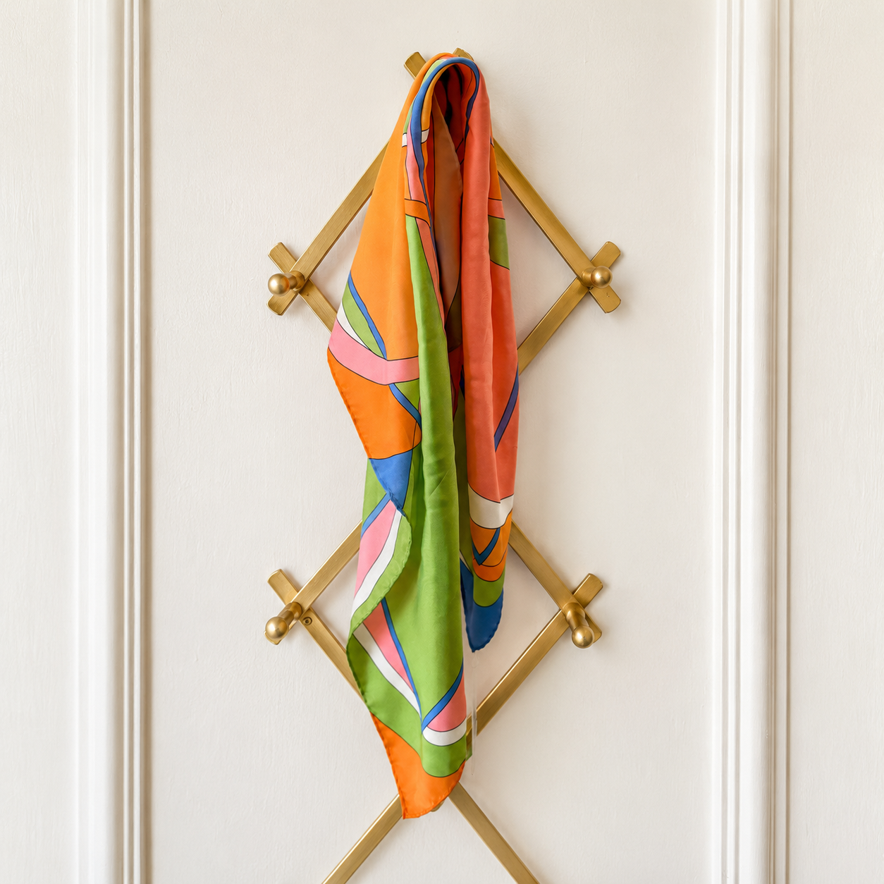 Retro Geometric Silk Scarf – Orange, Lime Green, Pink & Blue