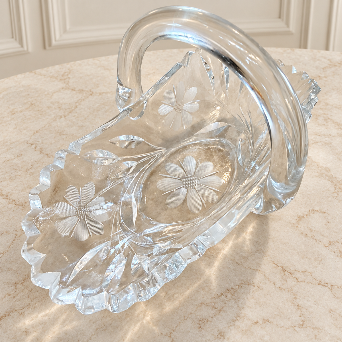 Floral Etched Glass Basket with Arched Handle