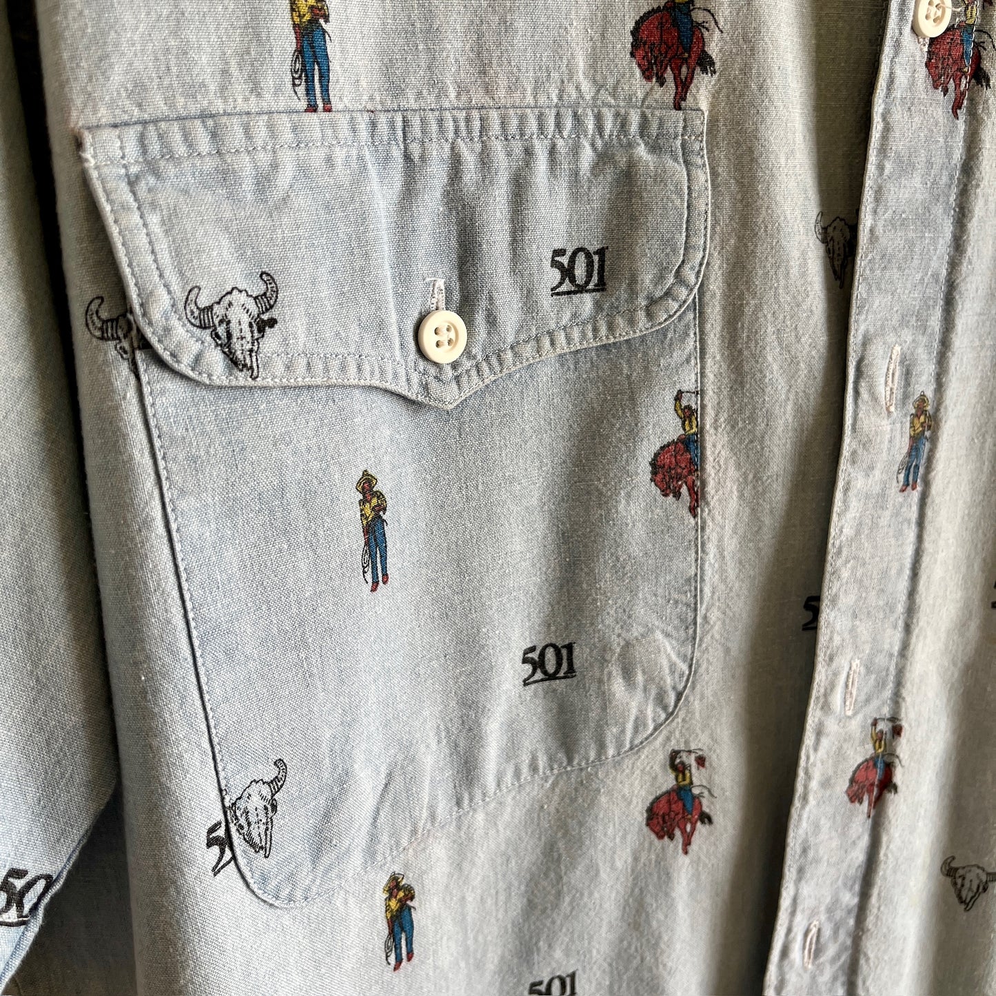 Levi's Vintage Levi's 501 Diamond Label Light Blue Denim Shirt with Western Print