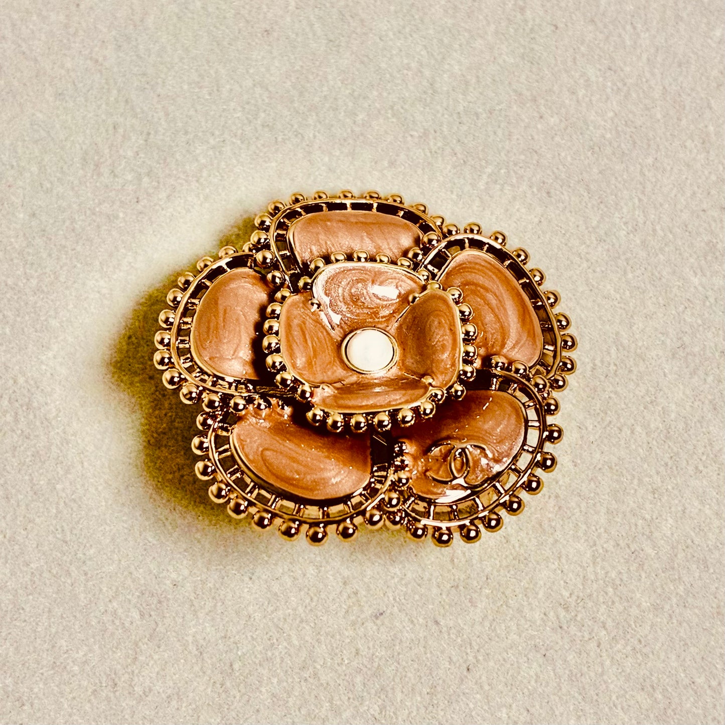 CHANEL 23A Pink Camellia Brooch Pearl Gold Tone CC 2023 France