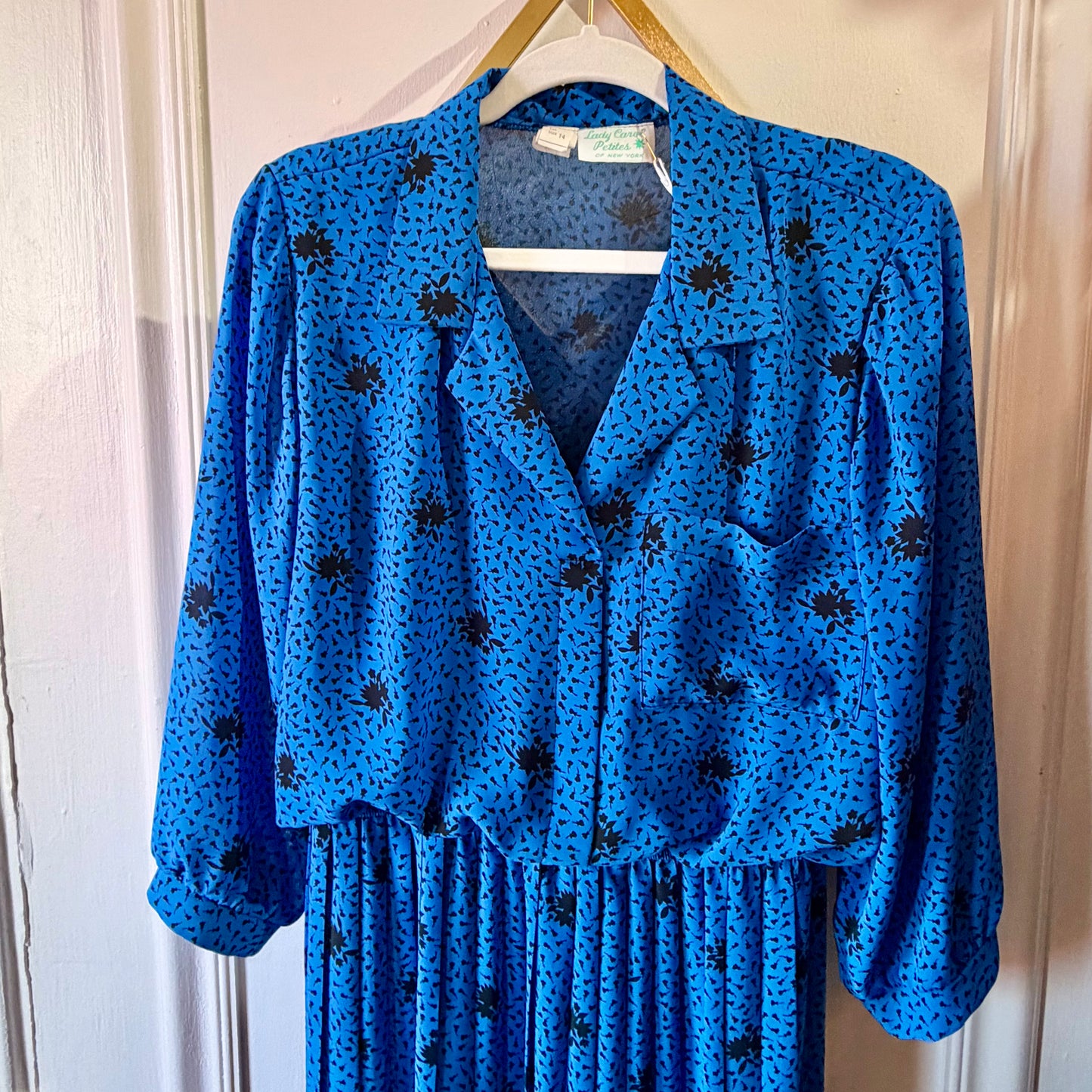 Vintage Lady Carol Petites Royal Blue Black Floral Shirt Dress