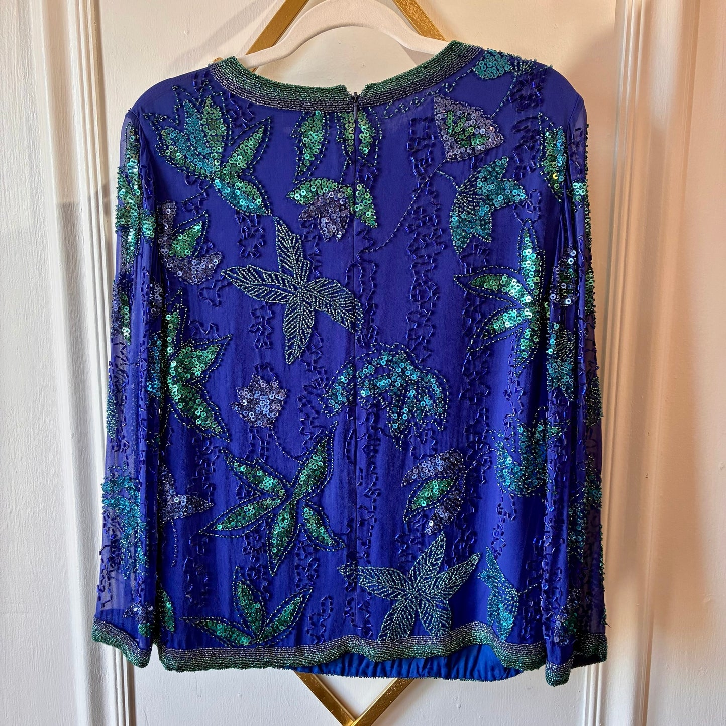 Vintage Black Tie Royal Blue Beaded Sequin Blouse
