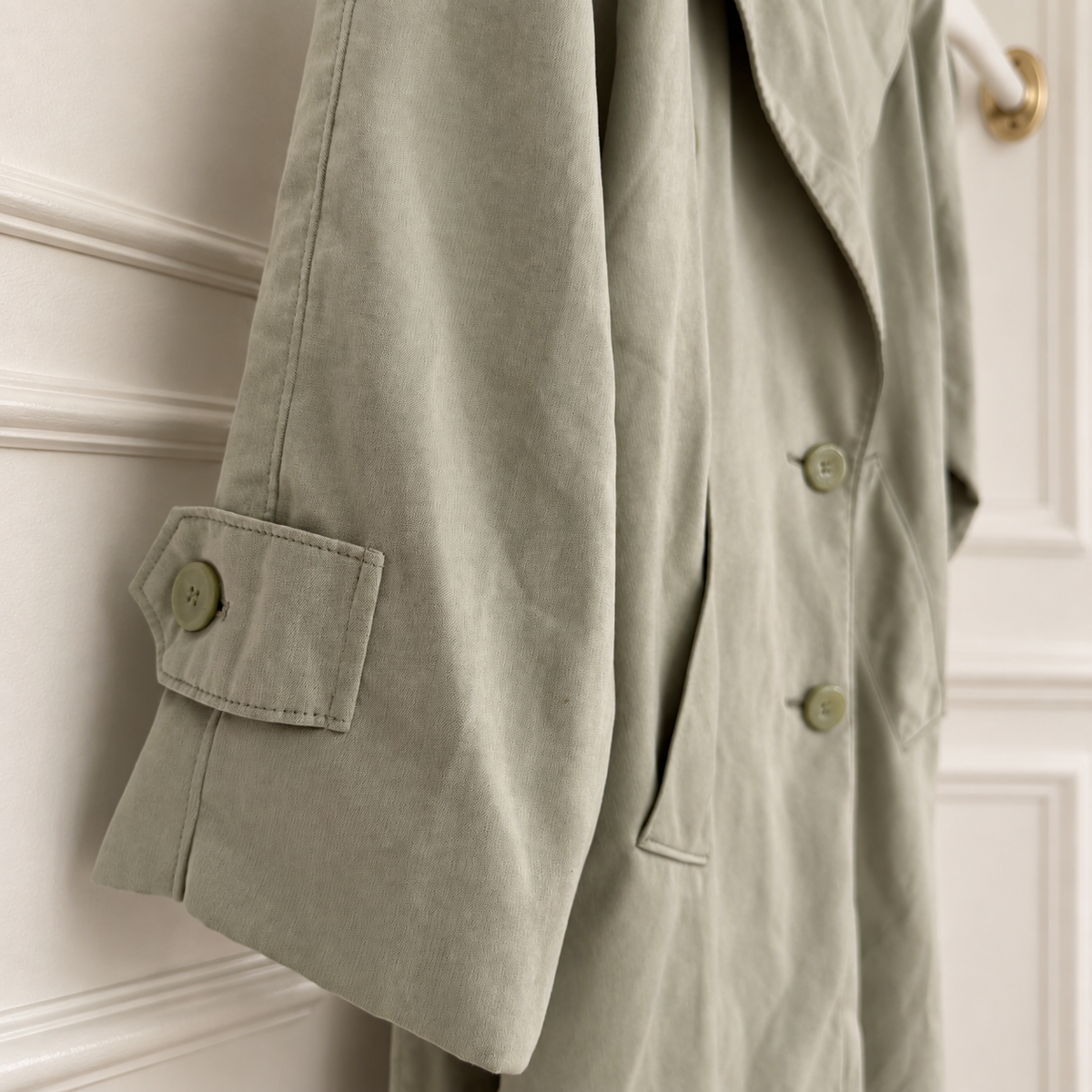 London Fog Sage Gray Belted Short Trench Coat | Size Small