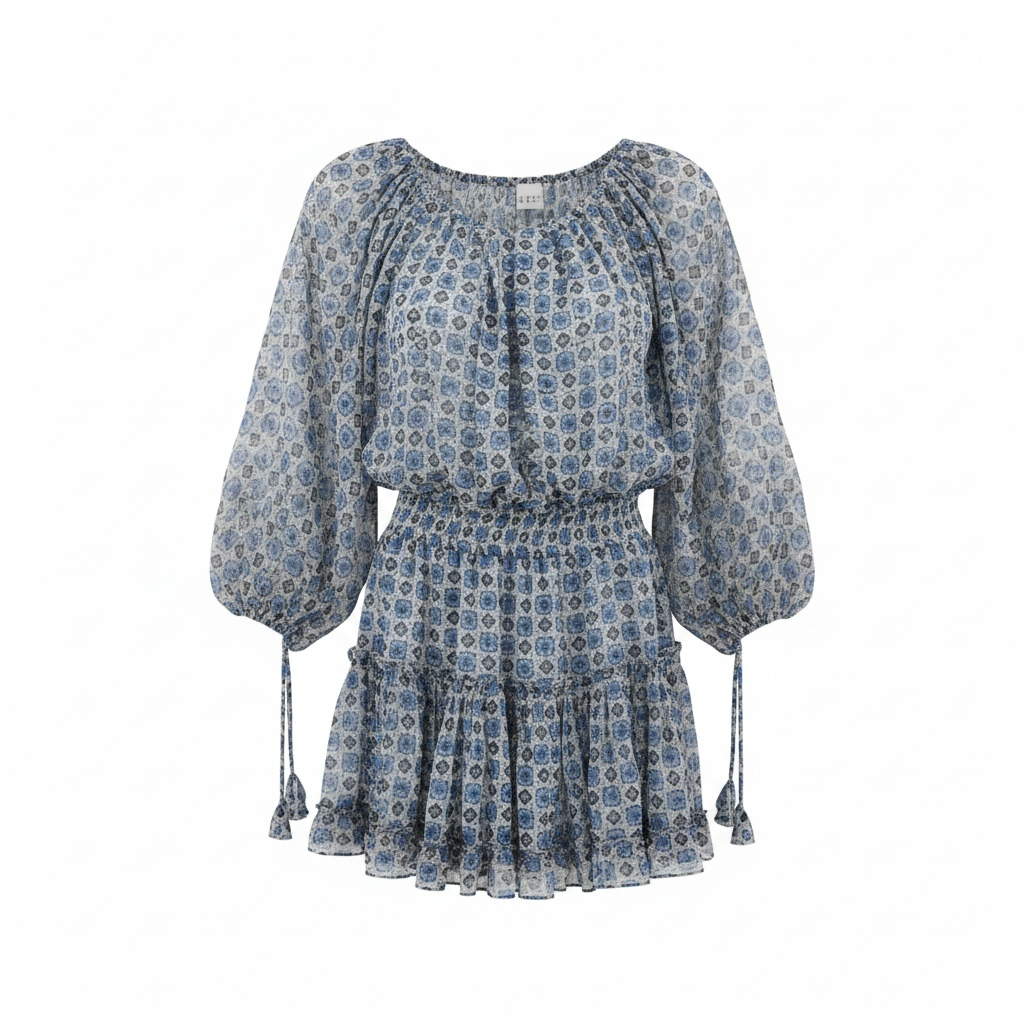 MISA Los Angeles Zona Off-the-Shoulder Chiffon Mini Dress – Scorpios Tile Print – XS