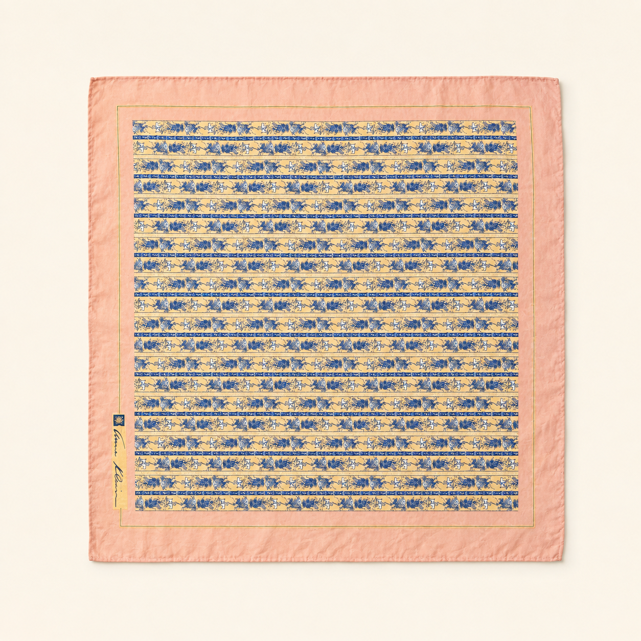 Vintage Anne Klein Pink, Gold & Blue Toile Print Square Scarf