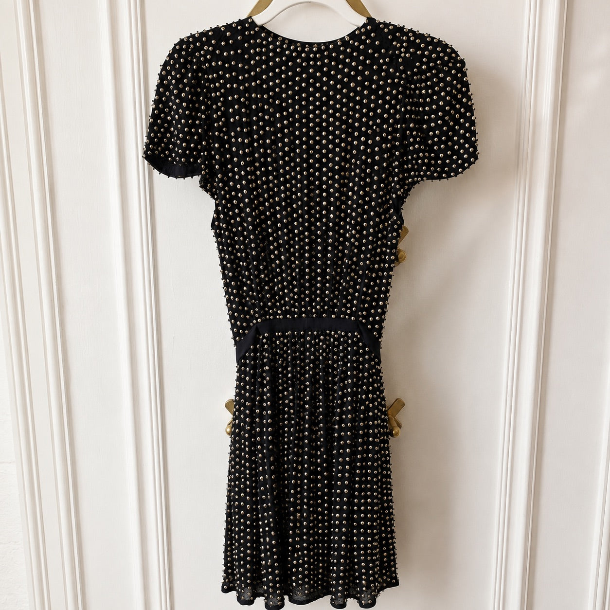 French Connection Black Gold Studded Cowl Neck Dress with Tie Waist