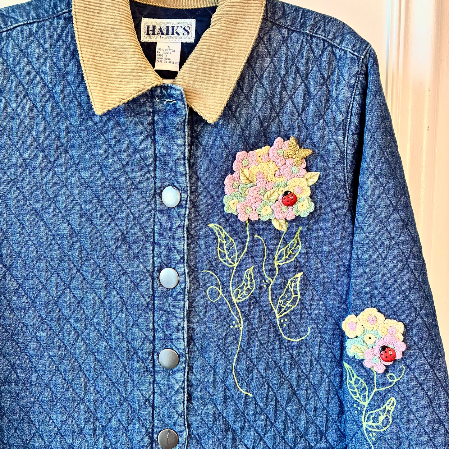HAIKS VTG Quilted Denim Jacket & Corduroy Collar With Floral Appliqué + Insect Details