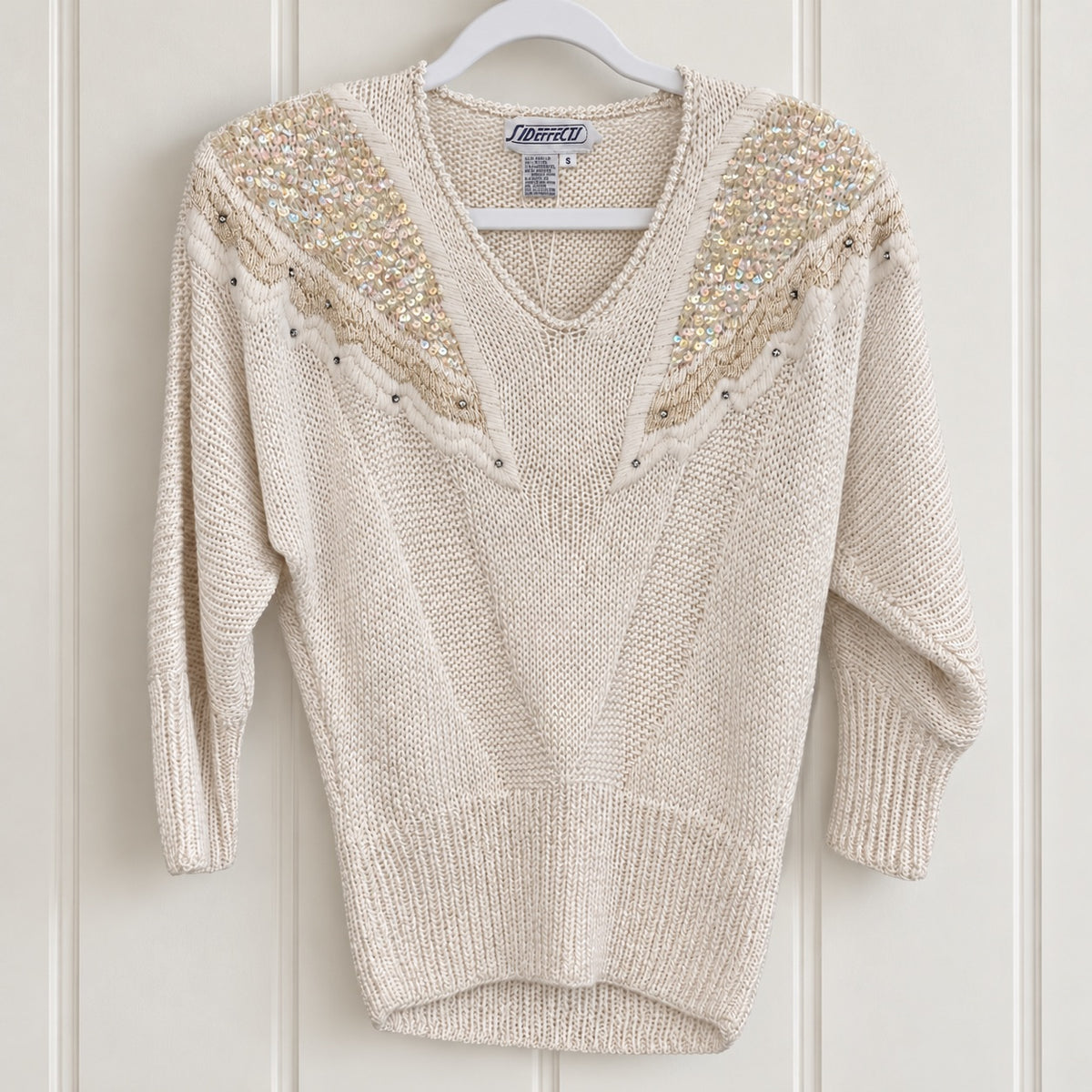 Side Effects Ivory Sequin and Rhinestone Sweater - Small