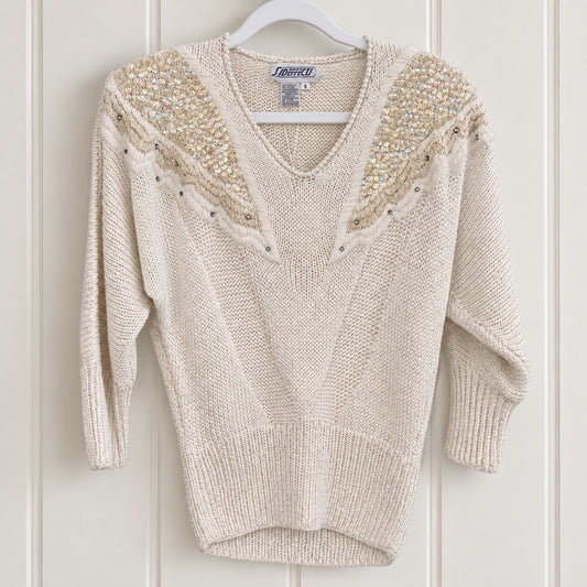 Side Effects Ivory Sequin and Rhinestone Sweater - Small