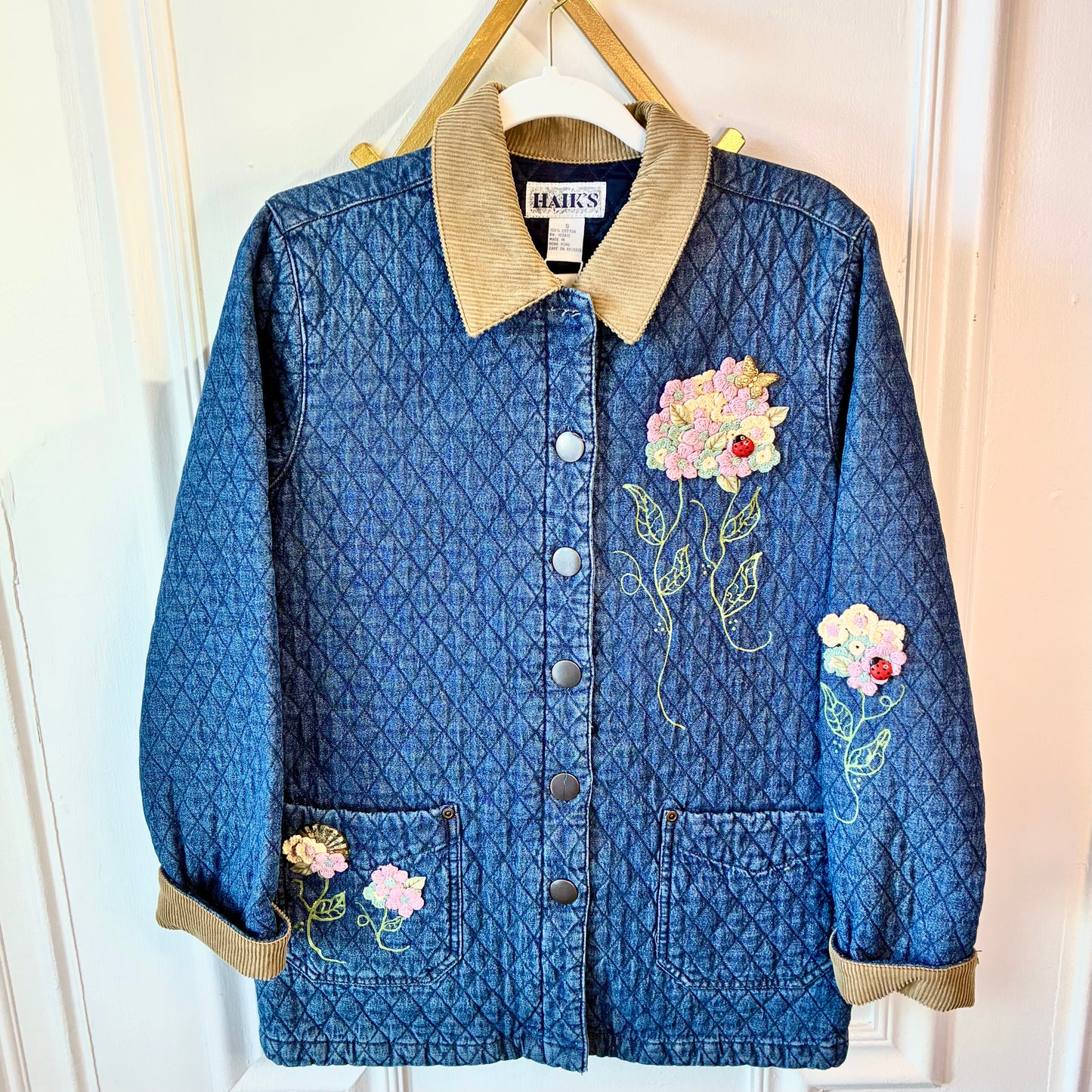 HAIKS VTG Quilted Denim Jacket & Corduroy Collar With Floral Appliqué + Insect Details