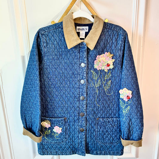 HAIKS VTG Quilted Denim Jacket & Corduroy Collar With Floral Appliqué + Insect Details