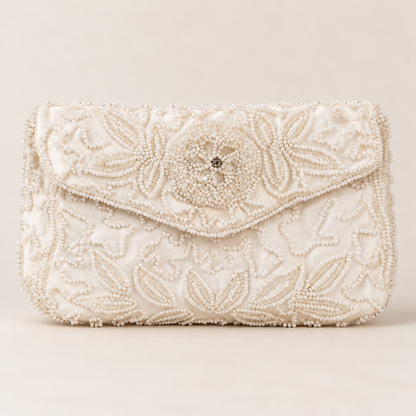 Walborg Ivory Floral Beaded Clutch - Handmade in West Germany