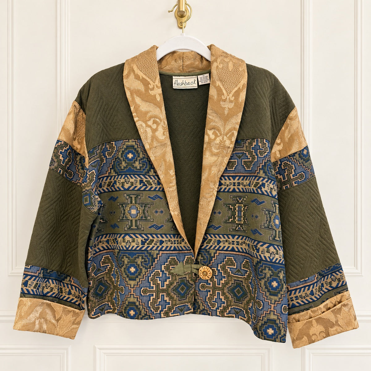 Flashback Olive and Blue Geometric Jacket with Gold Shawl Collar