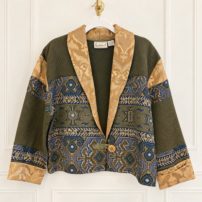 Flashback Olive and Blue Geometric Jacket with Gold Shawl Collar