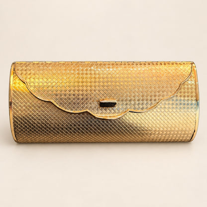 Gold-Tone Hollywood Regency Style Metal Clutch with Scalloped Flap & Mirror