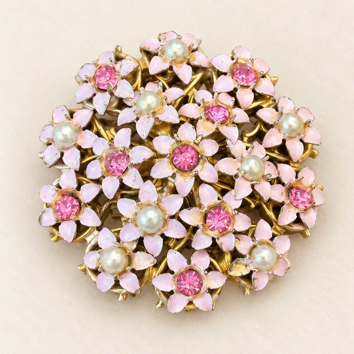 Pink Floral Cluster Brooch with Rhinestones & Pearl-Look Centers