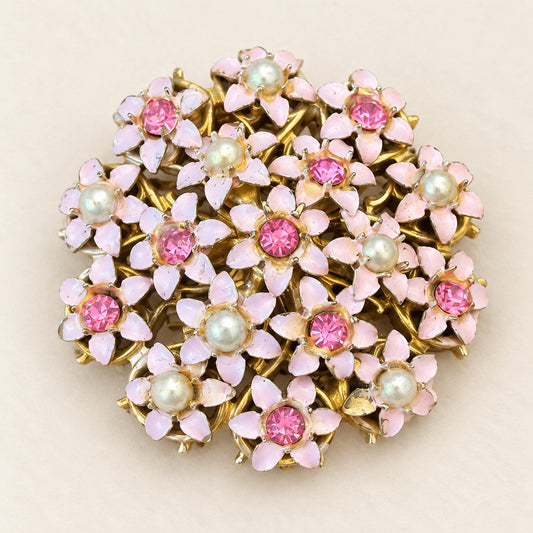 Pink Floral Cluster Brooch with Rhinestones & Pearl-Look Centers