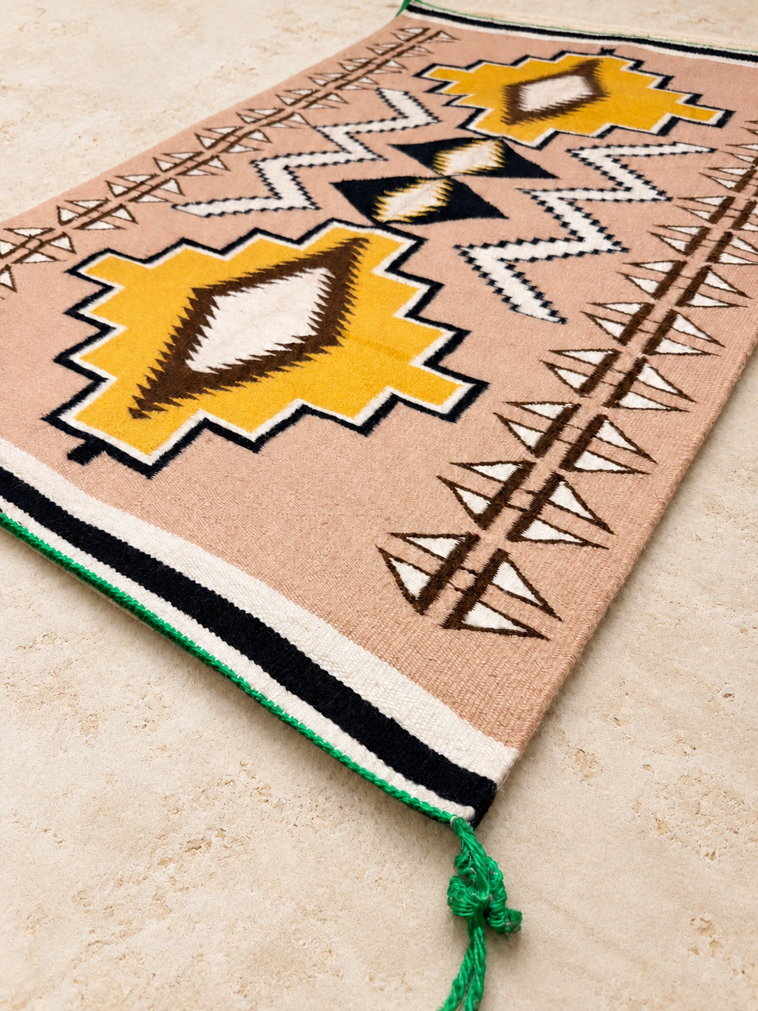 Vintage Navajo Rug Weaving by Rose Wilson – Mexican Hat / Two Grey Hills Style Geometric Native American Wool Tapestry