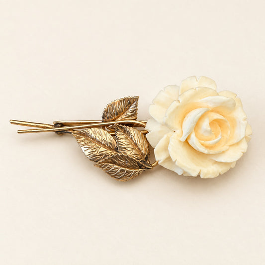 Cream Rose Brooch with Gold-Tone Leaves