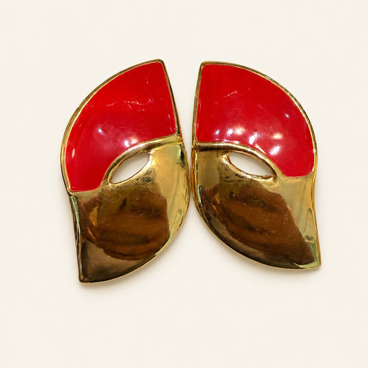 Vintage Red Enamel & Gold Tone Modernist Earrings