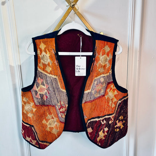 Vintage Hand Stitched Aztec Vest Lined With Maroon Babycord & Inside Pockets
