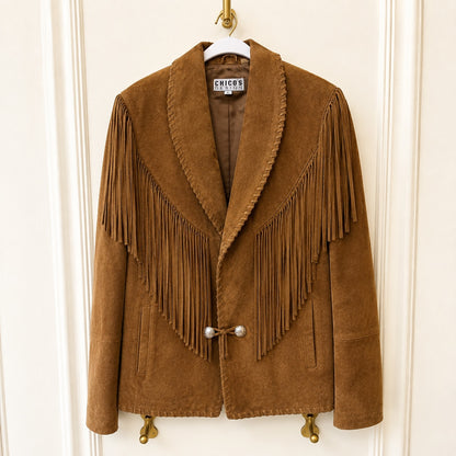 Pioneer Wear True Vintage 100% Genuine Split Leather Suede Fringe Western Jacket in Cognac Brown
