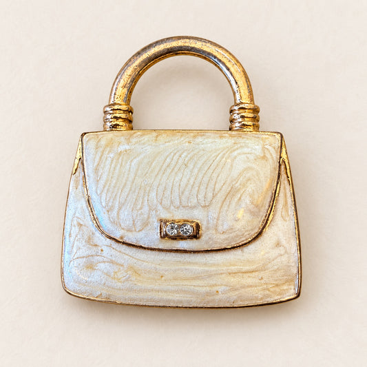 Pearlescent Handbag Brooch with Rhinestone Accent