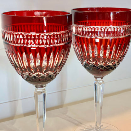 Waterford Crystal Clarendon Ruby Red Hock Wine Glass Cut to Clear Signed Pair