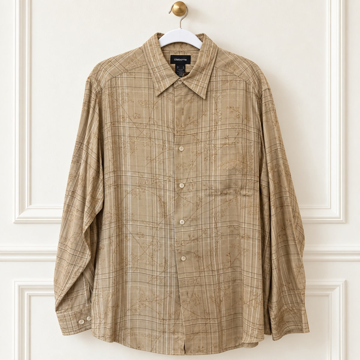 Claiborne Beige Plaid Botanical Rayon Shirt | Large