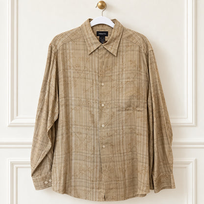 Claiborne Beige Plaid Botanical Rayon Shirt | Large