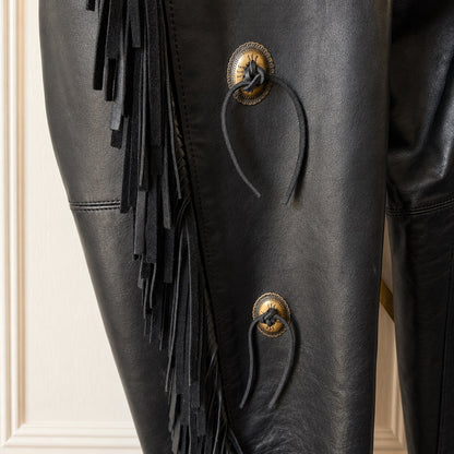 Vintage Protect Leather Apparel Black Leather Rose & Fringe Chaps | Made in USA | Size Large