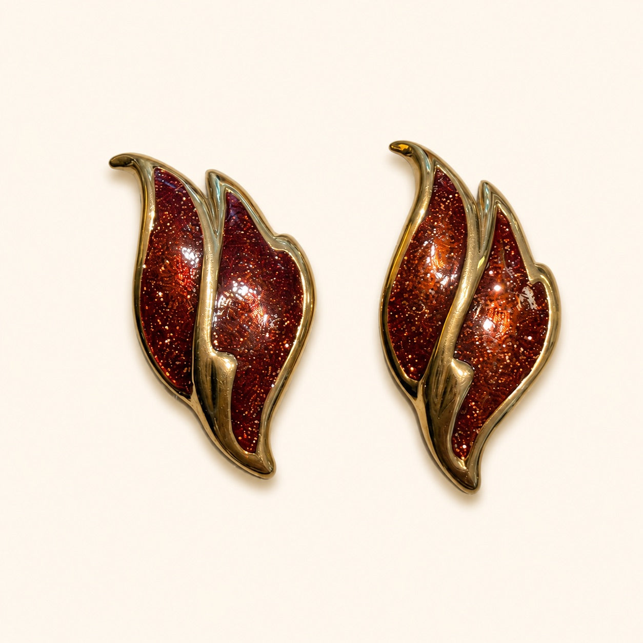 Vintage Avon Gold and Red Glitter Leaf Earrings