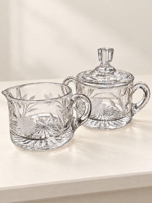 Clear Floral Glass Creamer and Covered Sugar Bowl Set
