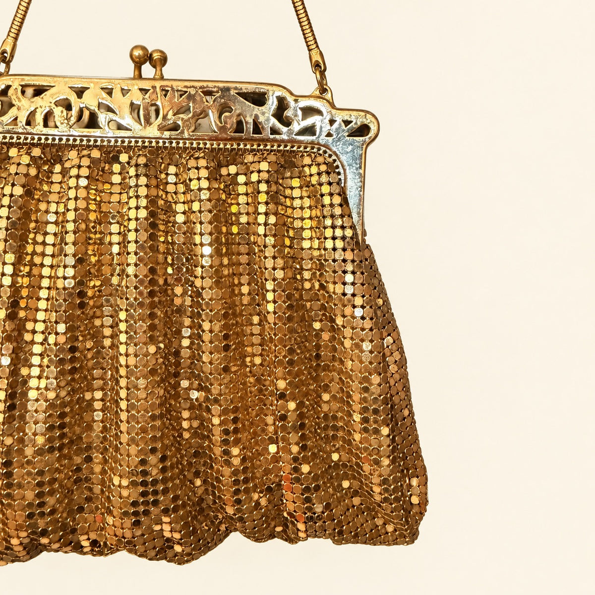 Whiting & Davis Gold-Tone Mesh Evening Bag with Ornate Frame