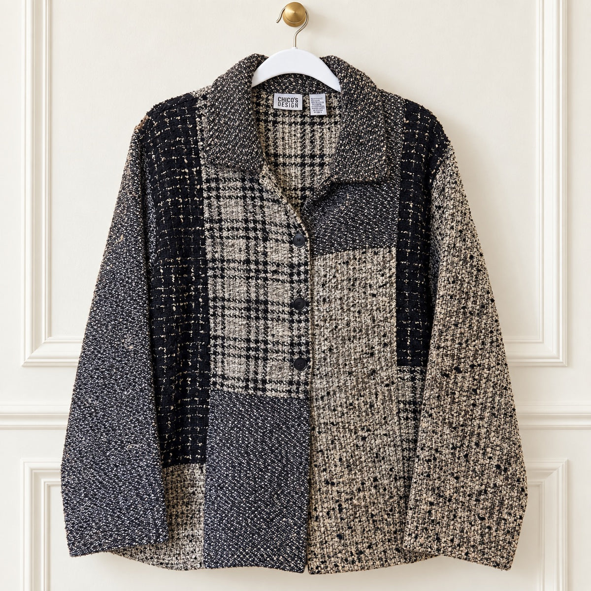 Chico’s Design Neutral Patchwork Bouclé Jacket | Size 3 / Approx. XL