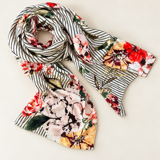 Floral and Black Stripe Long Scarf