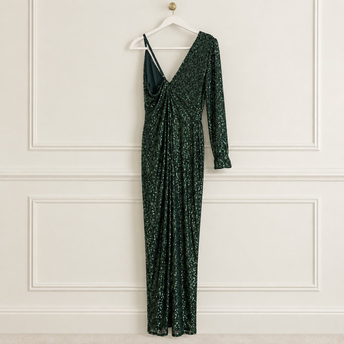 BCBGMAXAZRIA Fern Green One-Sleeve Sequin Gown | Large