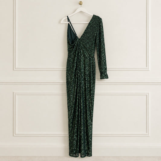 BCBGMAXAZRIA Fern Green One-Sleeve Sequin Gown | Large
