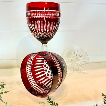 Waterford Crystal Clarendon Ruby Red Hock Wine Glass Cut to Clear Signed Pair