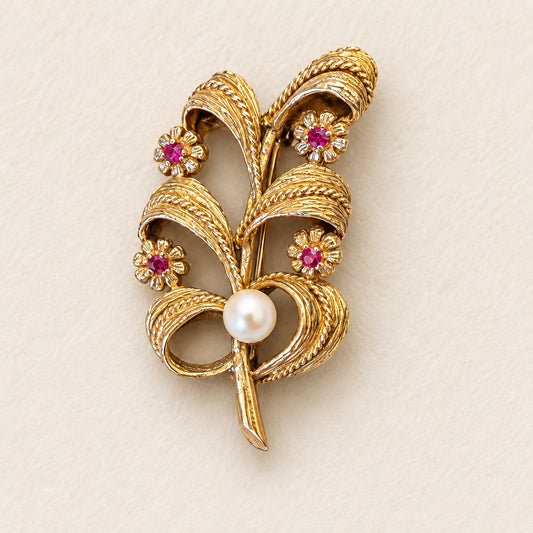 Gold-Tone Floral Spray Brooch with Pink Rhinestones & Pearl Accent