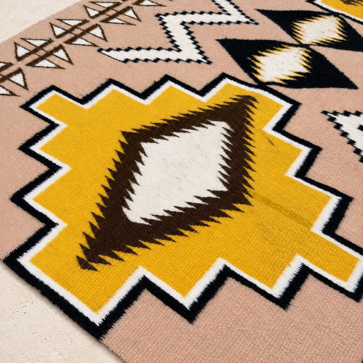Vintage Navajo Rug Weaving by Rose Wilson – Mexican Hat / Two Grey Hills Style Geometric Native American Wool Tapestry