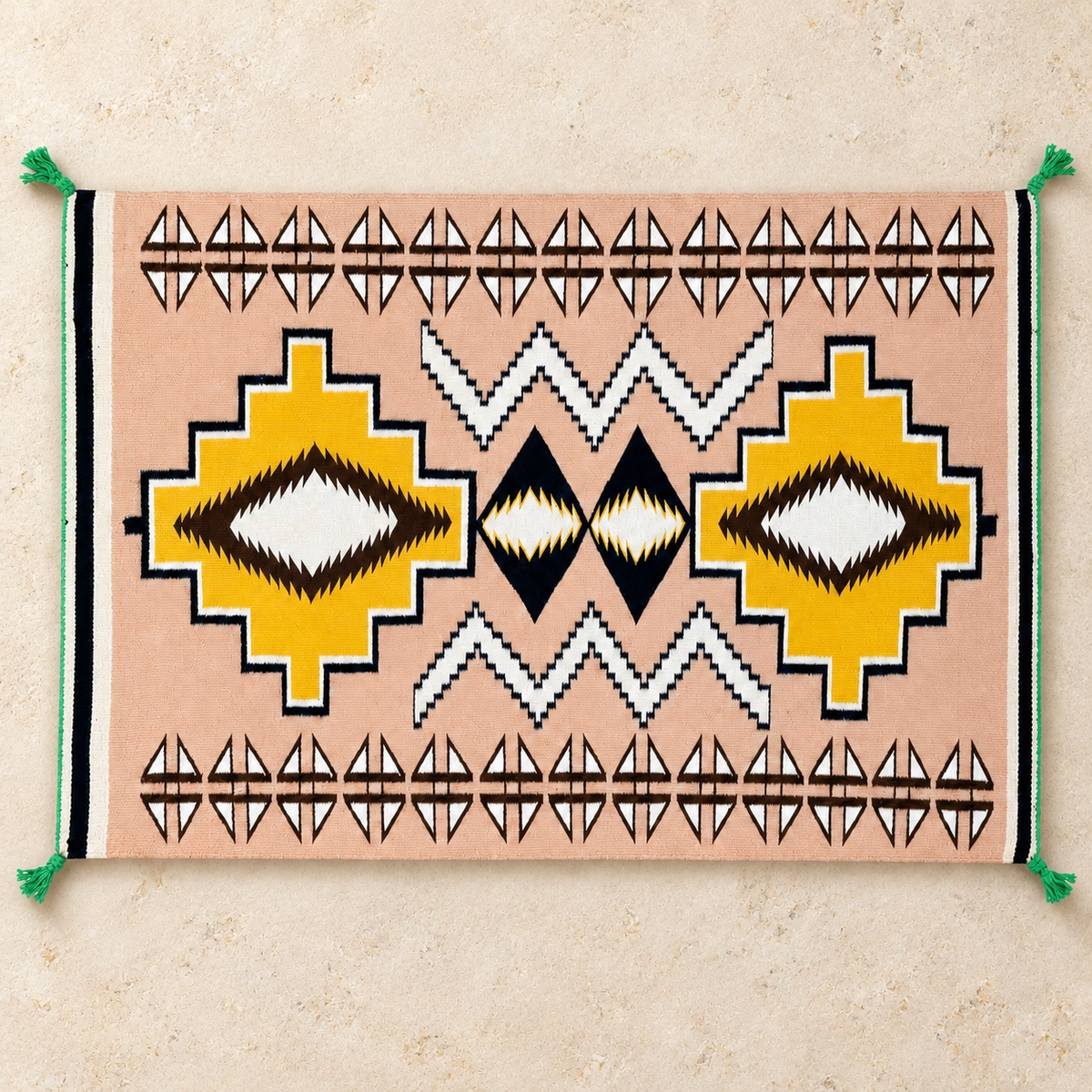 Vintage Navajo Rug Weaving by Rose Wilson – Mexican Hat / Two Grey Hills Style Geometric Native American Wool Tapestry